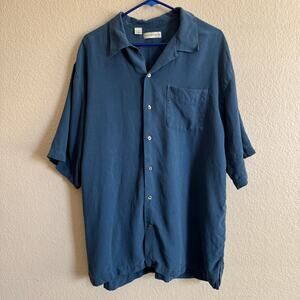 Cutter & Buck 100% Silk Button Down Short Sleeve Camp Shirt Blue Men Size XL